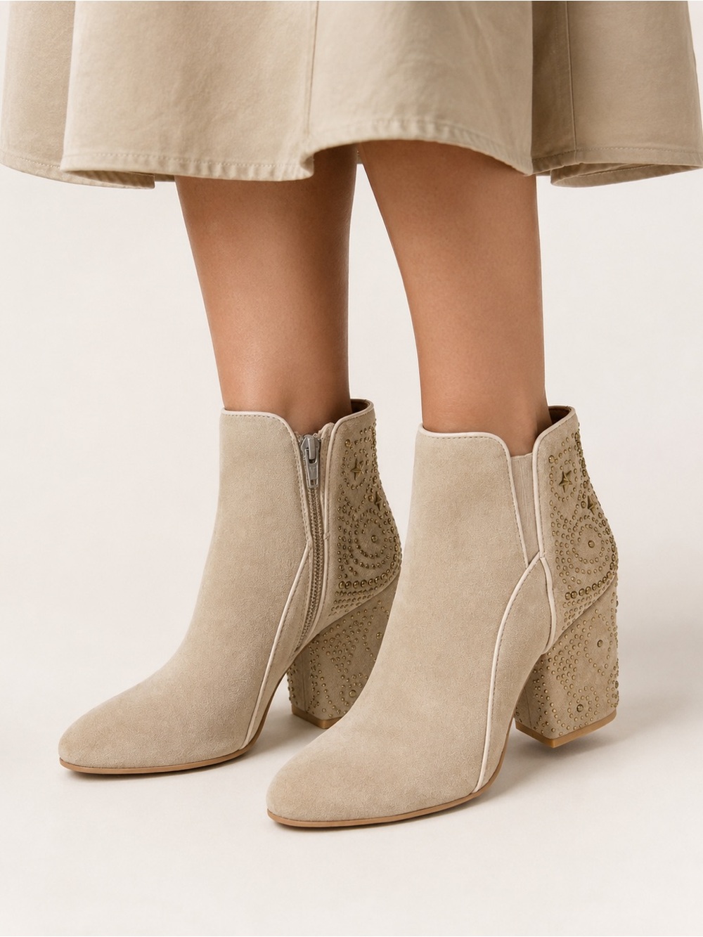 Cream Suede Studded Star Chunky Block Heel Ankle Boots EU 38